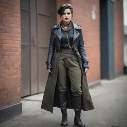 A woman clad in dieselpunk fashion, blending vintage-based aesthetics, grungy industrial details, and a bold warrior-like demeanor.