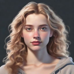 A 19 year old woman with blonde wavy hair, bright hazel eyes, a small nose, wide lips, and a somber expression