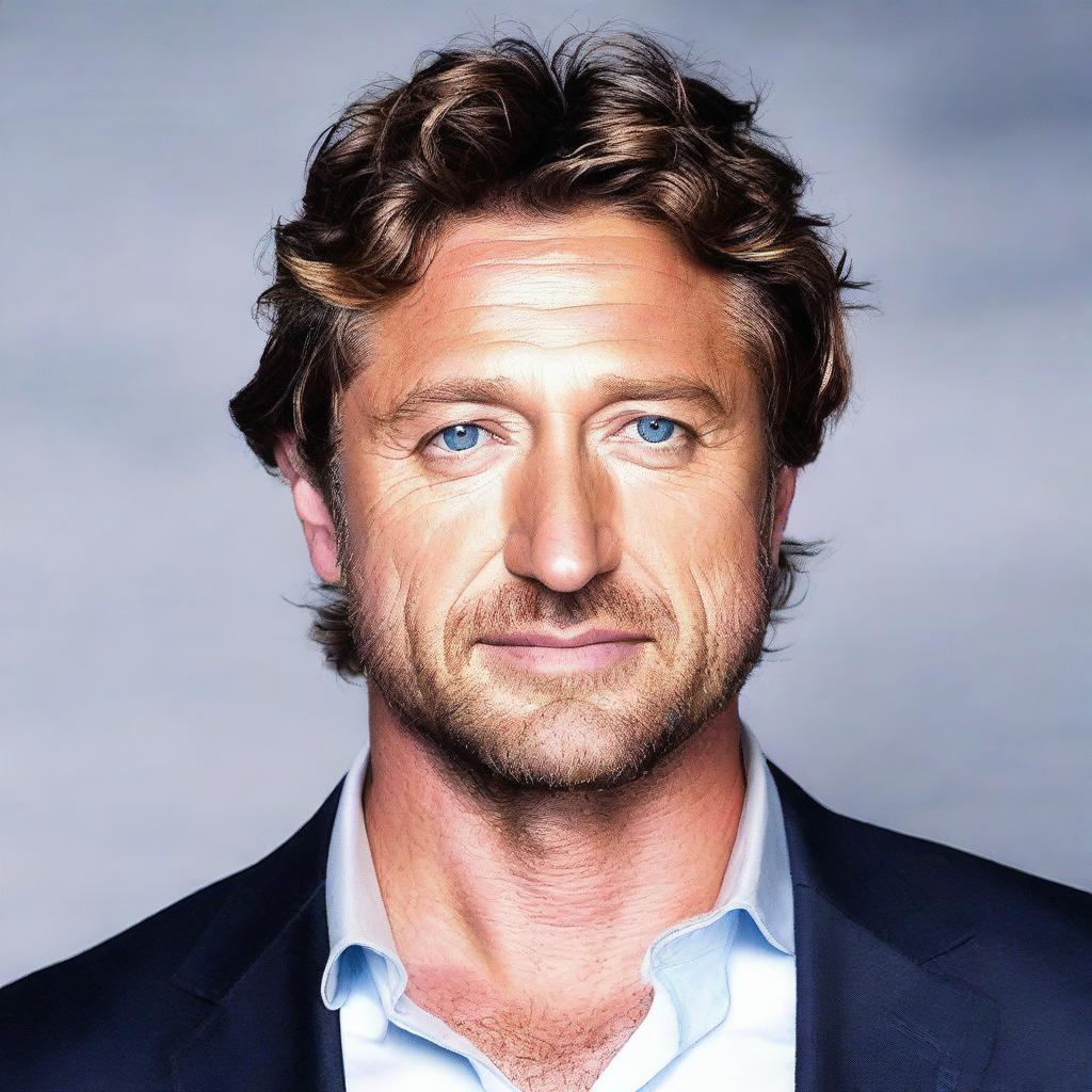 A 34-year-old man who looks similar to a young Gerard Butler, with dark wavy hair and deep blue eyes