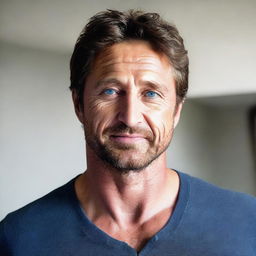 A 34-year-old man who looks similar to a young Gerard Butler, with dark wavy hair and deep blue eyes