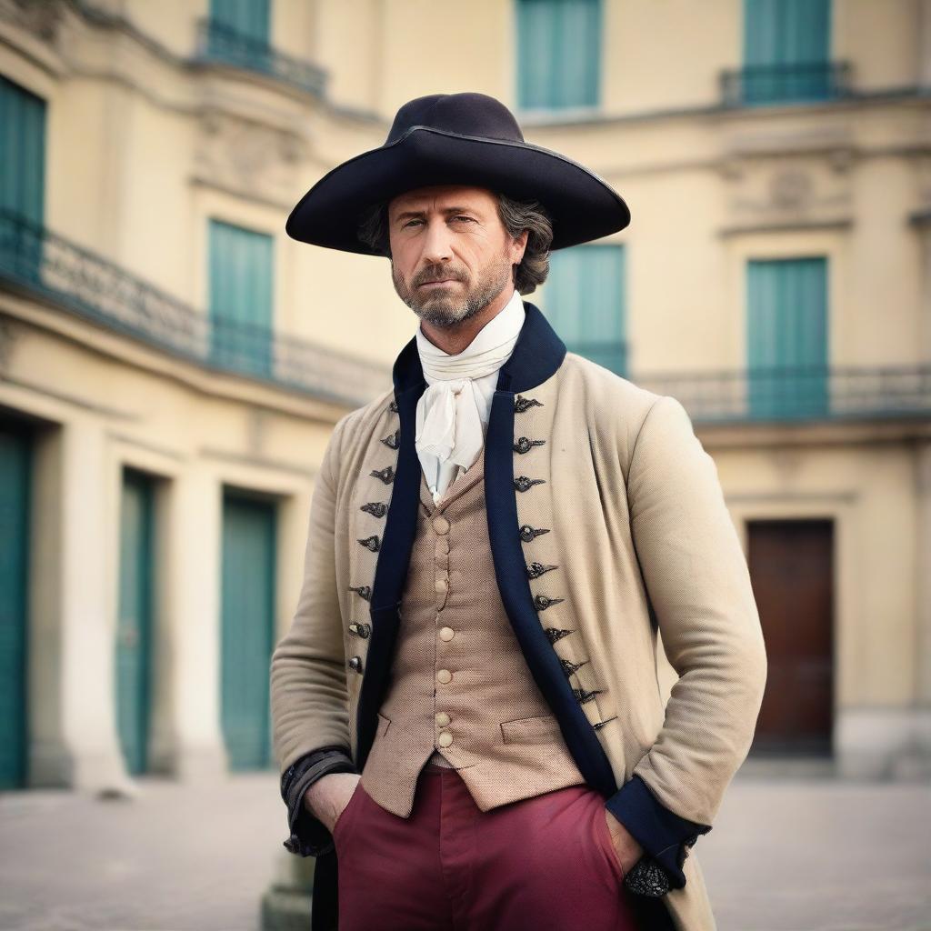 A detailed portrait of Gerard Butler in 1789 France, wearing period-appropriate clothing