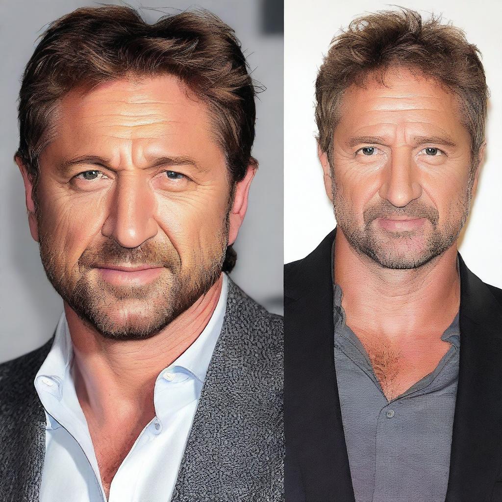 Create a digital image that combines the facial features of Gerard Butler and Scott Eastman