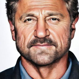 Create a digital image that combines the facial features of Gerard Butler and Scott Eastman