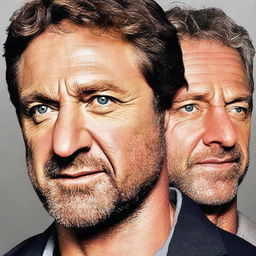 Create a digital image that combines the facial features of Gerard Butler and Scott Eastman