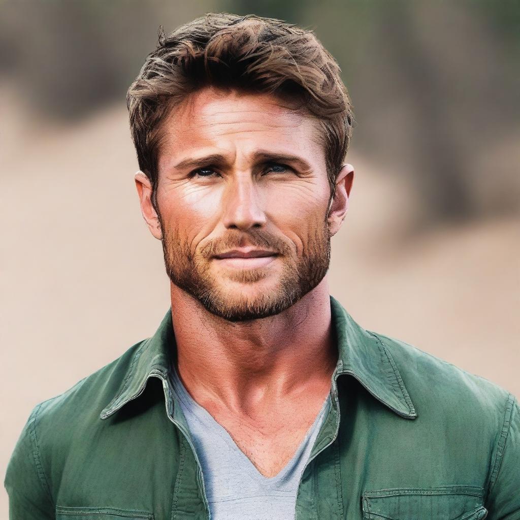 A man who looks like a combination of Scott Eastwood and Gerard Butler, appearing to be around thirty years old