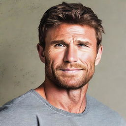 A man who looks like a combination of Scott Eastwood and Gerard Butler, appearing to be around thirty years old