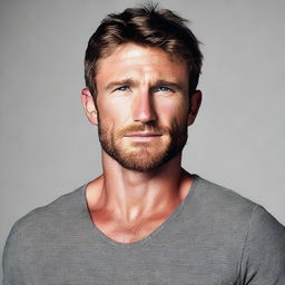 A man who looks like a combination of Scott Eastwood and Gerard Butler, appearing to be around thirty years old