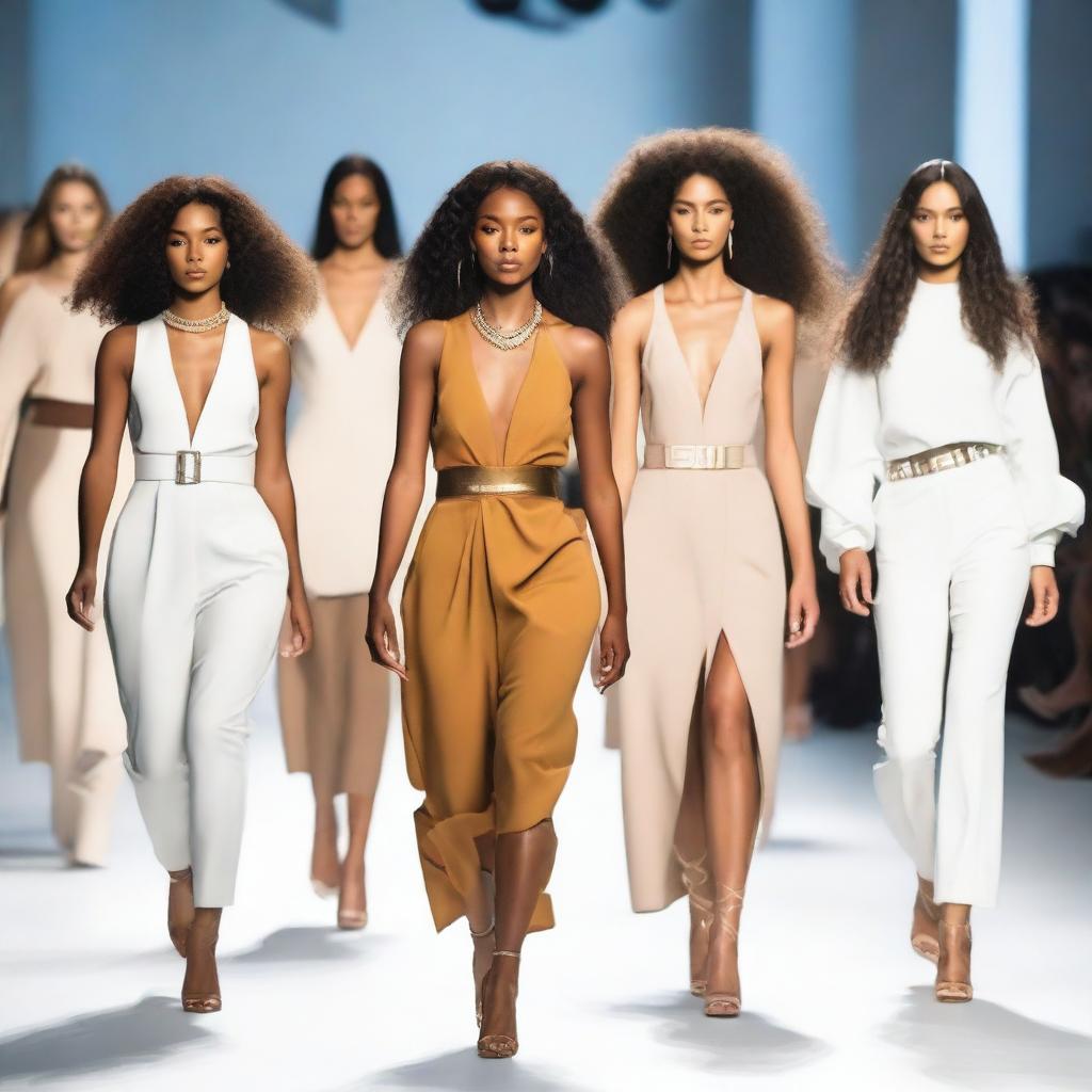 A group of fashion models walking down a runway, showcasing the latest high-end designer clothing