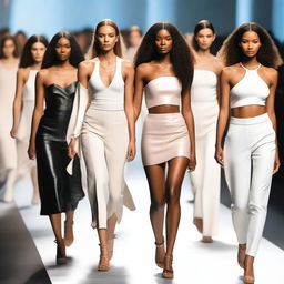 A group of fashion models walking down a runway, showcasing the latest high-end designer clothing