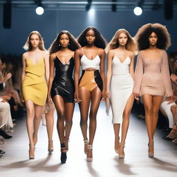 A group of fashion models walking down a runway, showcasing the latest high-end designer clothing