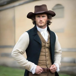 A man who looks like a combination of Scott Eastwood and Gerard Butler with medium curly dark hair, wearing French period clothing from the year 1789