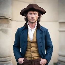 A man who looks like a combination of Scott Eastwood and Gerard Butler with medium curly dark hair, wearing French period clothing from the year 1789