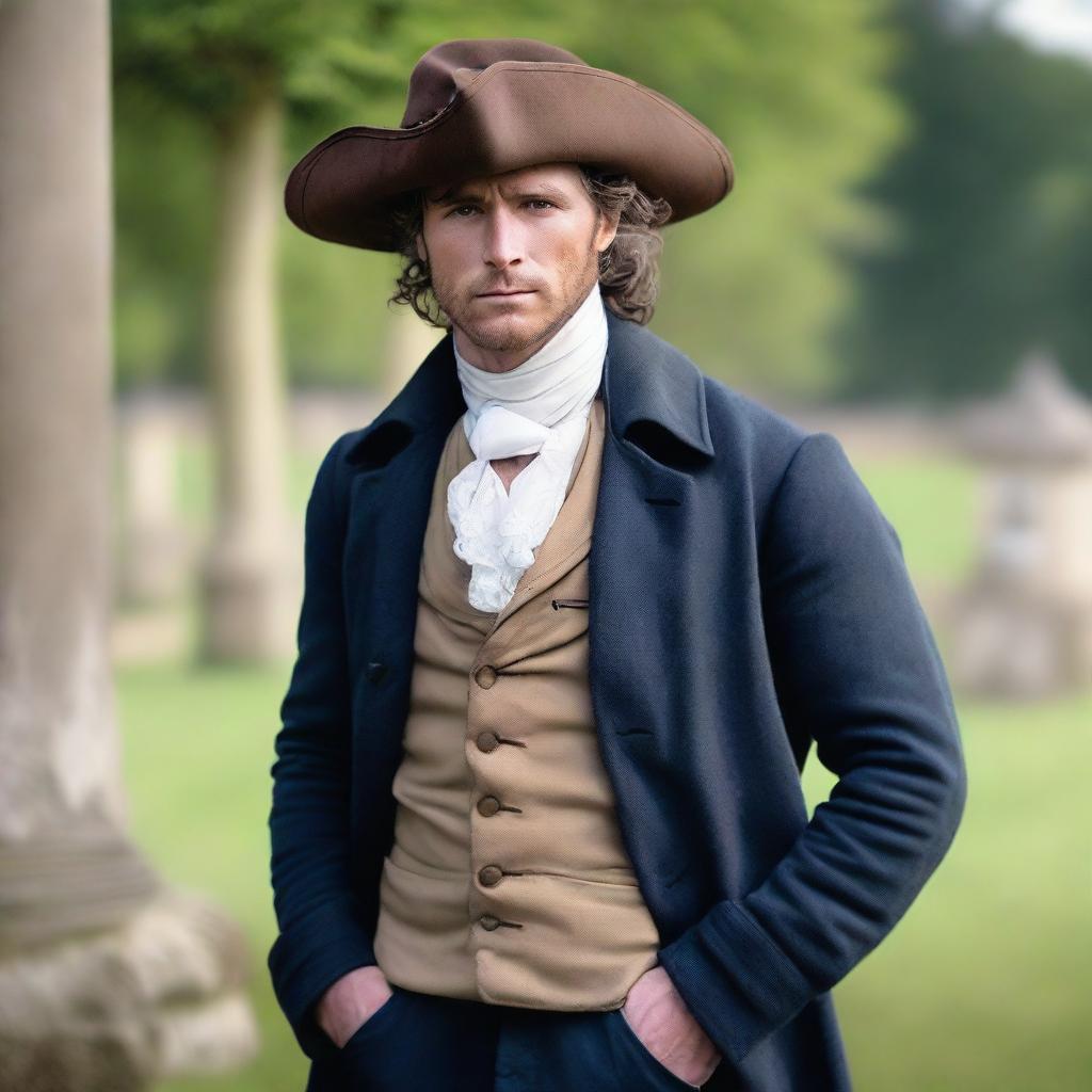 A man who looks like a combination of Scott Eastwood and Gerard Butler with medium curly dark hair, wearing French period clothing from the year 1789