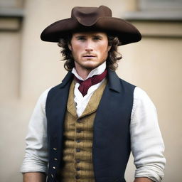 A man who looks like a combination of Scott Eastwood and Gerard Butler with medium curly dark hair, wearing French period clothing from the year 1789