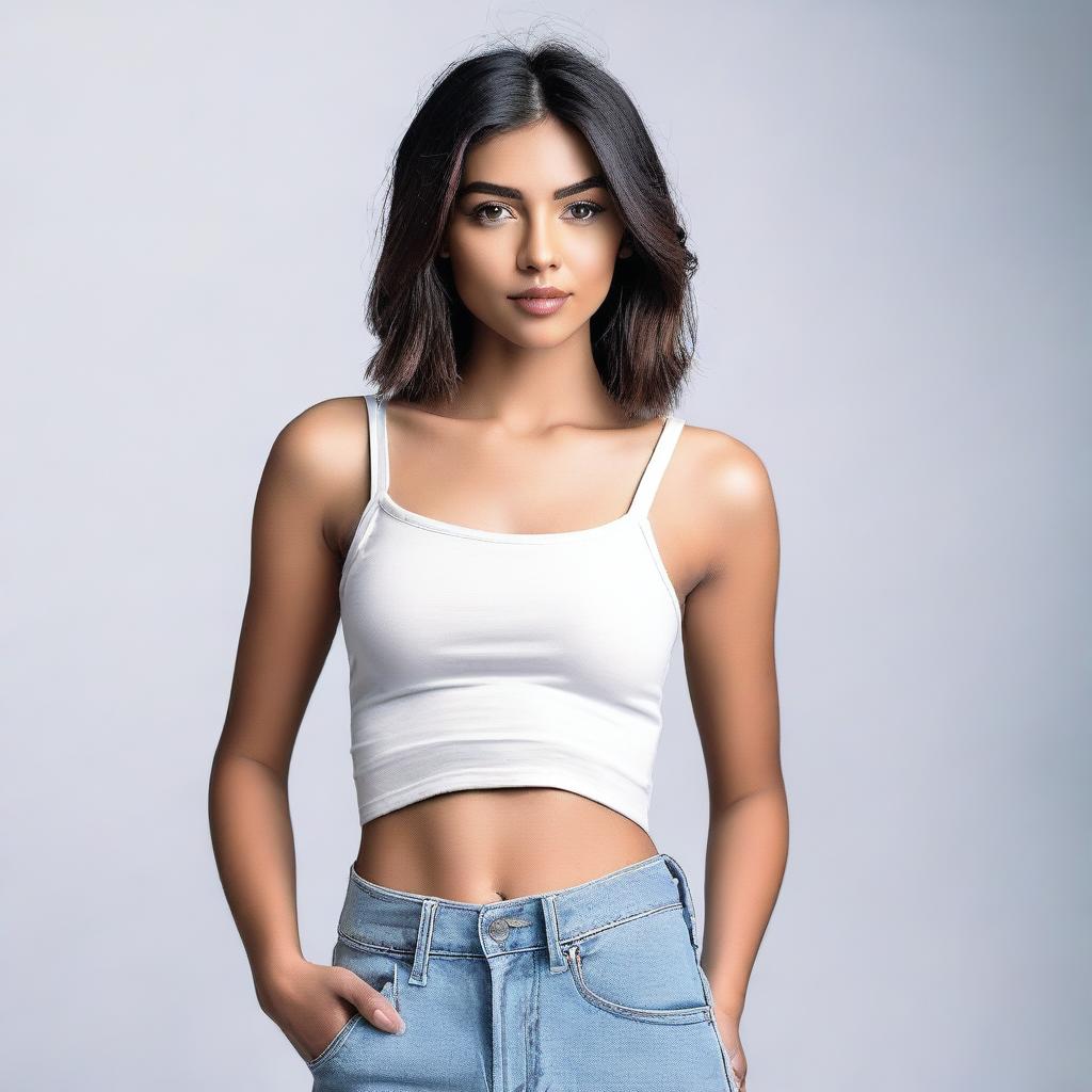 A single model wearing a stylish crop top, standing confidently