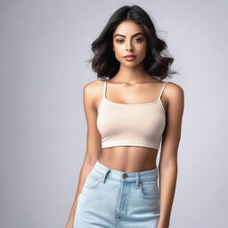 A single model wearing a stylish crop top, standing confidently