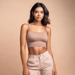 A single model wearing a stylish crop top, standing confidently