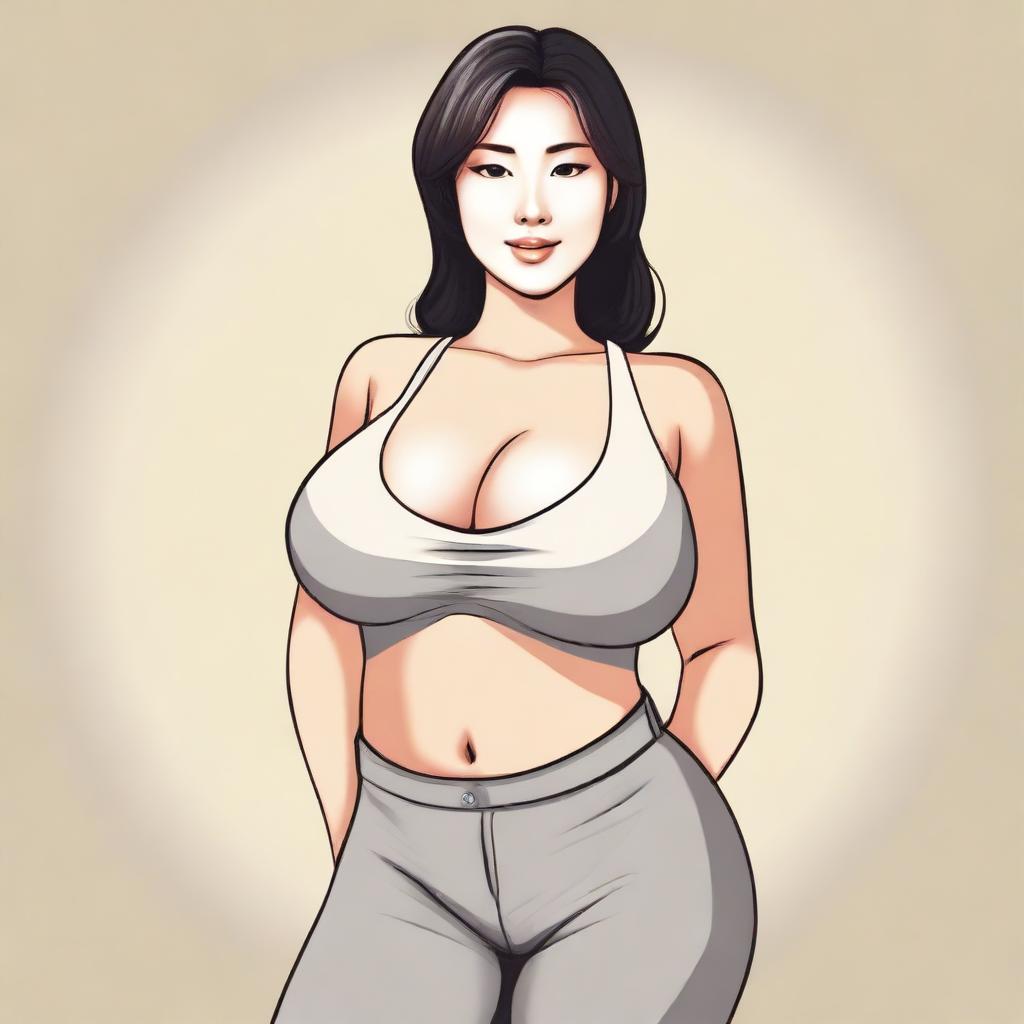 An Asian woman with massive breasts and a petite frame, depicted in a respectful and dignified manner