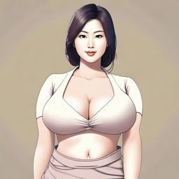 An Asian woman with massive breasts and a petite frame, depicted in a respectful and dignified manner