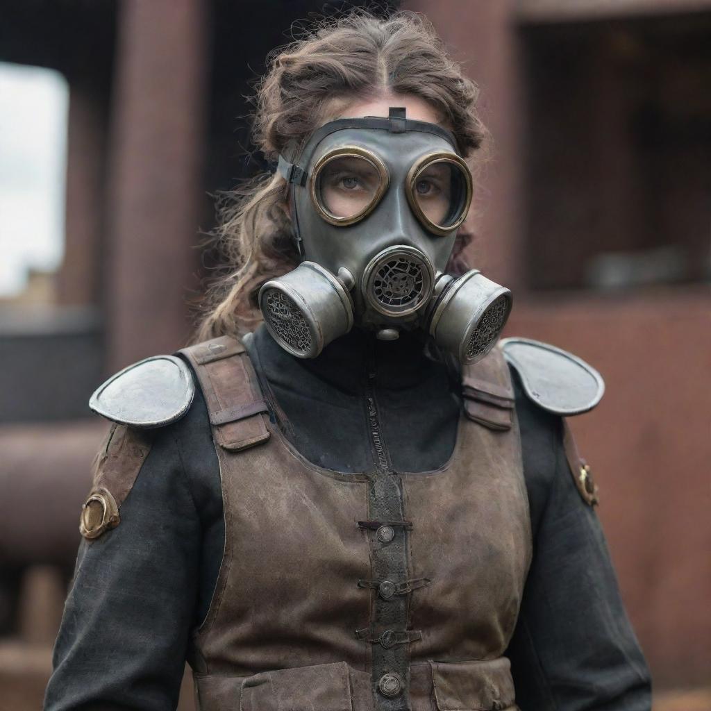 A woman outfitted in gaspunk fashion, featuring elements of gas masks, worn metals, smoky colors, and a dystopian, industrial charm.