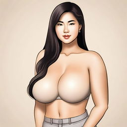 An Asian woman with massive breasts, a petite frame, and a tan complexion, depicted in a respectful and dignified manner