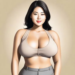 An Asian woman with massive breasts, a petite frame, and a tan complexion, depicted in a respectful and dignified manner