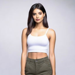 A single real model wearing a stylish and decent crop top, standing confidently