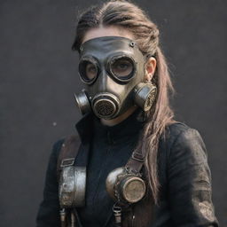 A woman outfitted in gaspunk fashion, featuring elements of gas masks, worn metals, smoky colors, and a dystopian, industrial charm.