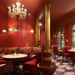 An exquisite, elite café with decadent interior using rich colors, retro furniture, and upscale decor elements.