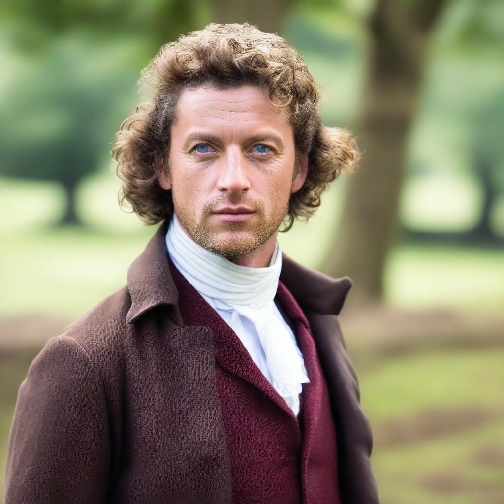 A young man who resembles a combination of Aidan Quinn and Gerard Butler, with medium curly dark hair, wearing French period clothing from the year 1789