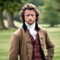 A young man who resembles a combination of Aidan Quinn and Gerard Butler, with medium curly dark hair, wearing French period clothing from the year 1789