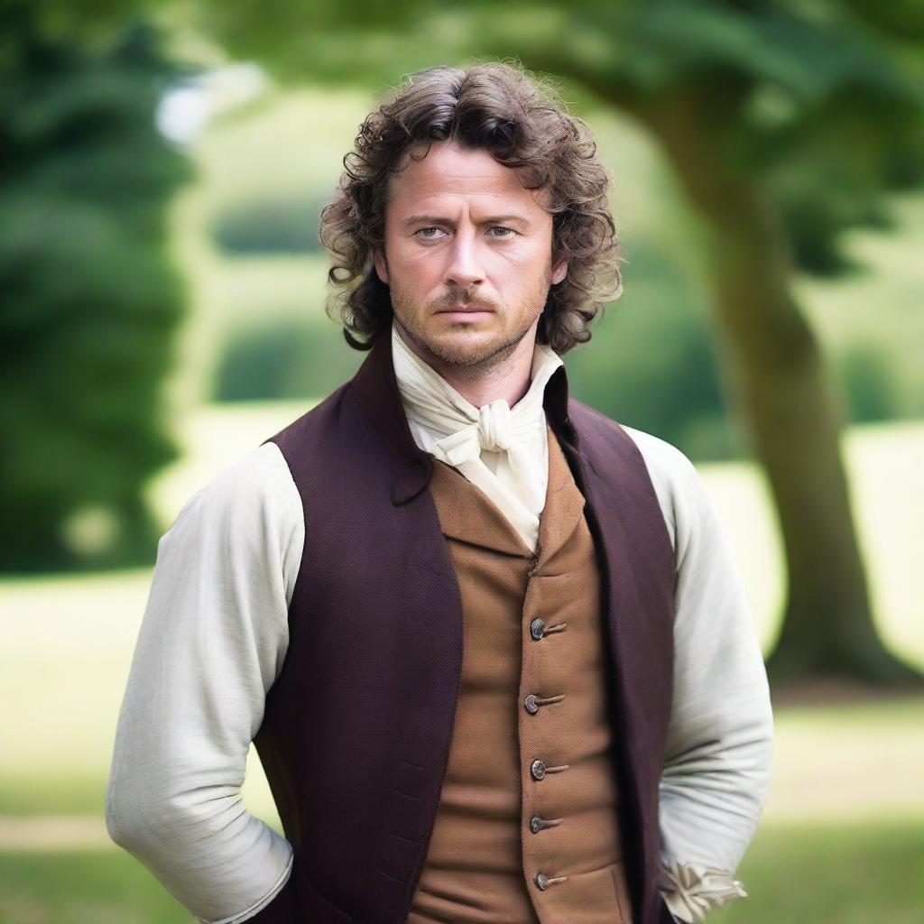 A young man who resembles a combination of Aidan Quinn and Gerard Butler, with medium curly dark hair, wearing French period clothing from the year 1789