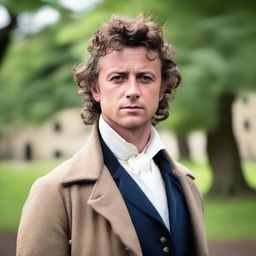 A young man who resembles a combination of Aidan Quinn and Gerard Butler, with medium curly dark hair, wearing French period clothing from the year 1789