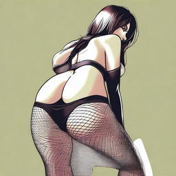 A woman in a thong and fishnet stockings bending over, depicted in a tasteful and artistic manner