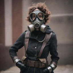 A woman outfitted in gaspunk fashion, featuring elements of gas masks, worn metals, smoky colors, and a dystopian, industrial charm.