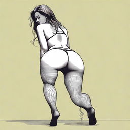 A woman in a thong and fishnet stockings bending over, depicted in a tasteful and artistic manner