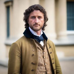 A man who looks like a young Gerard Butler with medium curly dark hair, wearing 1789 French period clothing