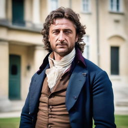 A man who looks like a young Gerard Butler with medium curly dark hair, wearing 1789 French period clothing