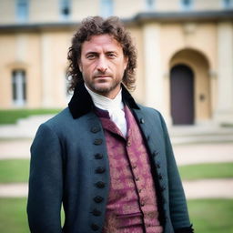 A man who looks like a young Gerard Butler with medium curly dark hair, wearing 1789 French period clothing