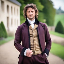 A man who looks like a young Gerard Butler with medium curly dark hair, wearing 1789 French period clothing