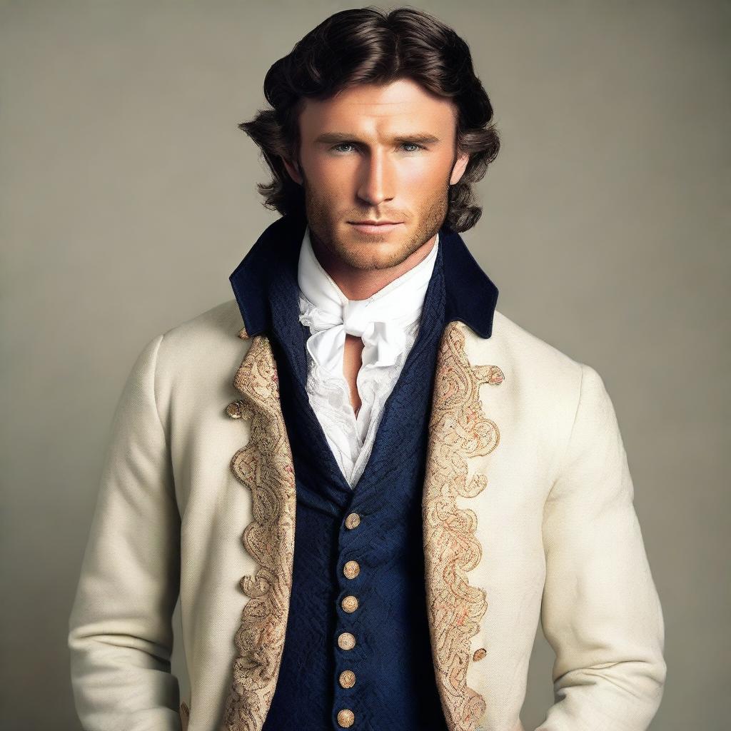 A man who resembles Scott Eastwood with long curly dark hair tied in a low bow, dressed in French period clothing from the year 1789