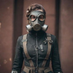 A woman outfitted in gaspunk fashion, featuring elements of gas masks, worn metals, smoky colors, and a dystopian, industrial charm.