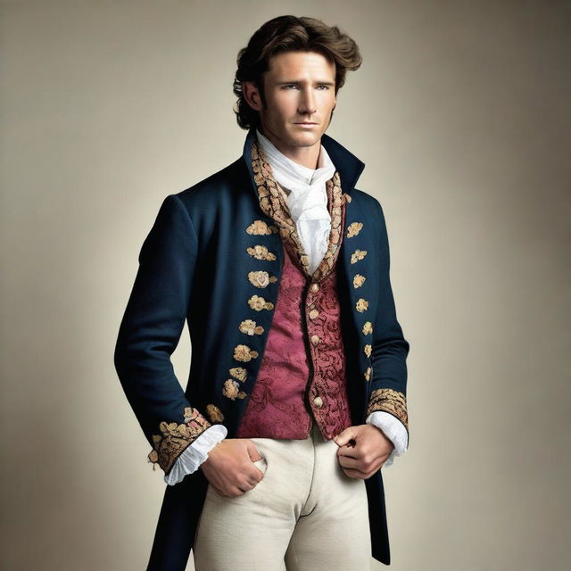 A man who resembles Scott Eastwood with long curly dark hair tied in a low bow, dressed in French period clothing from the year 1789