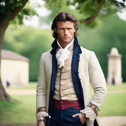 A man who resembles Scott Eastwood with long curly dark hair tied in a low bow, dressed in French period clothing from the year 1789