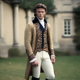 A man who resembles Scott Eastwood with long curly dark hair tied in a low bow, dressed in French period clothing from the year 1789