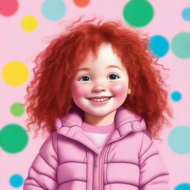 A 5-year-old girl with naturally red curly hair, brown eyes, and cute freckles on her face, wearing a pink puffy jacket