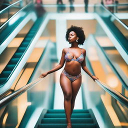 An African woman posing in colorful transparent lingerie while descending an escalator in a shopping mall