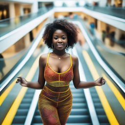 An African woman posing in colorful transparent lingerie while descending an escalator in a shopping mall