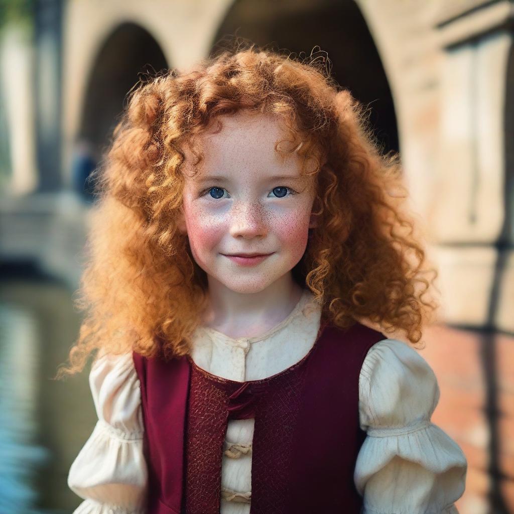 A five-year-old girl with natural red curly hair and a few freckles across the bridge of her nose and cheeks