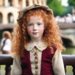 A five-year-old girl with natural red curly hair and a few freckles across the bridge of her nose and cheeks